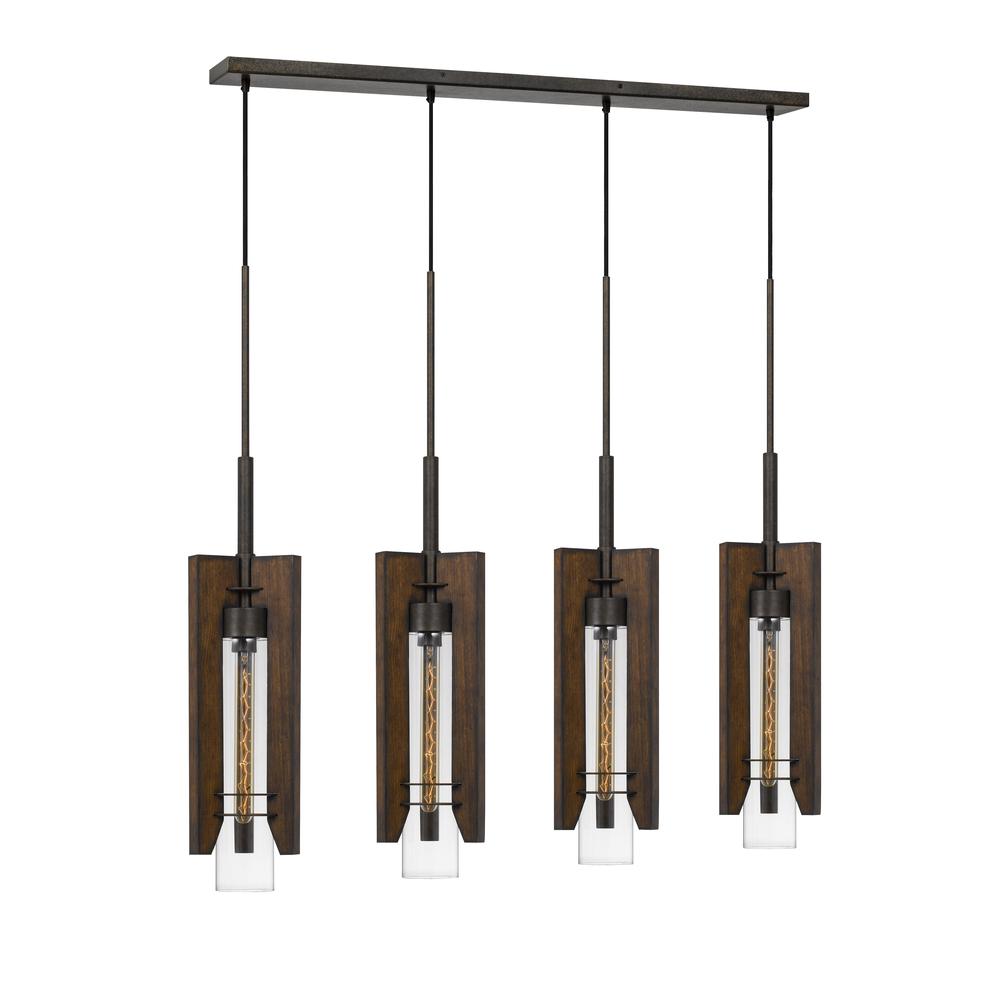 60W X 3 Almeria Wood/Glass 4 Light Pendant Fixture (Edison Bulbs Not Included)