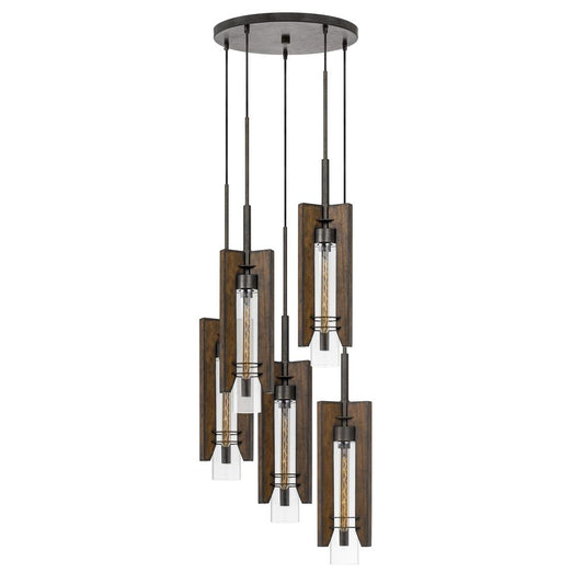 60W X 3 Almeria Wood/Glass 4 Light Pendant Fixture (Edison Bulbs Not Included)