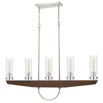 60W x 5 Ercolano pine wood/metal island chandelier with clear glass shade