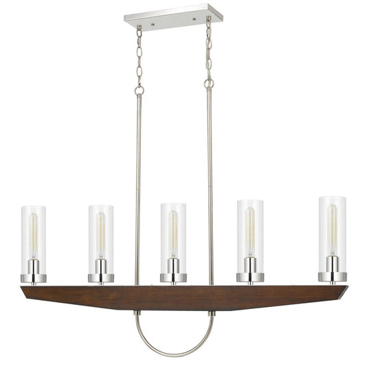 60W x 5 Ercolano pine wood/metal island chandelier with clear glass shade