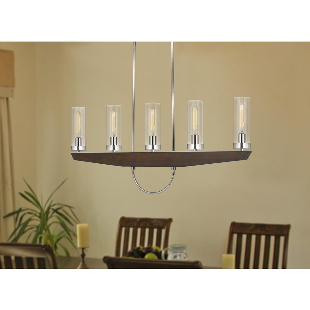 60W x 5 Ercolano pine wood/metal island chandelier with clear glass shade