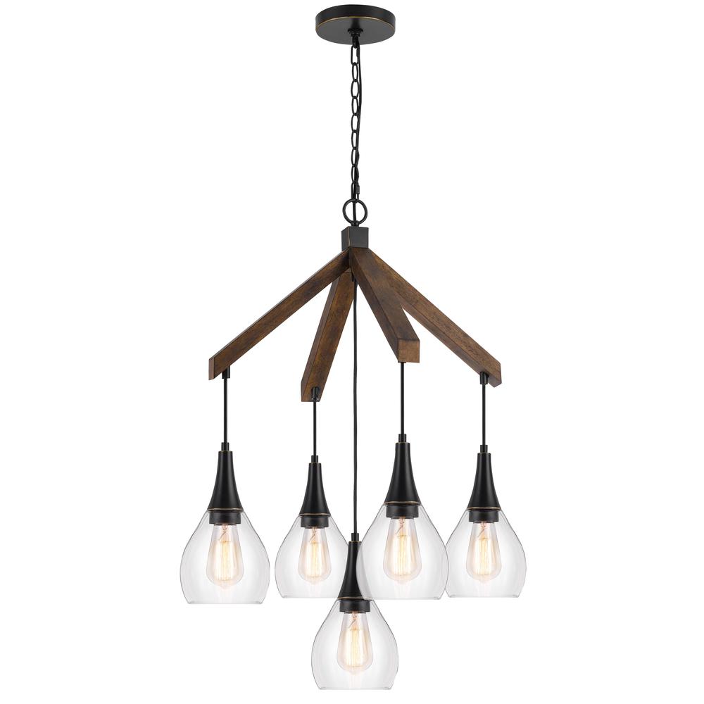 60W X 5 Watkins Rubber Wood Chandelier With Hanging Glass Shades