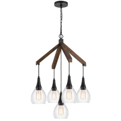 60W X 5 Watkins Rubber Wood Chandelier With Hanging Glass Shades