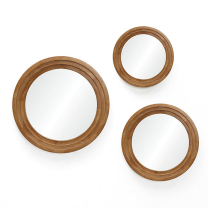 3-Piece Round Rubberwood Frame Accent Wall Mirror Set