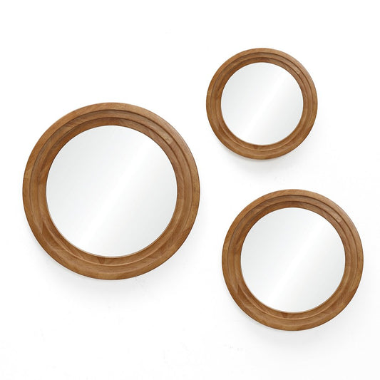 3-Piece Round Rubberwood Frame Accent Wall Mirror Set