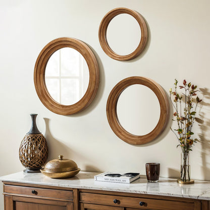 3-Piece Round Rubberwood Frame Accent Wall Mirror Set