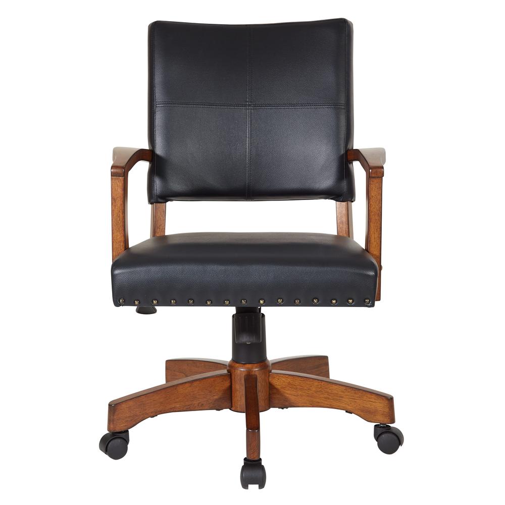 Deluxe Wood Bankers Chair in Black Faux Leather with Antique Bronze Nailheads and Medium Brown Wood, 109MB-BK