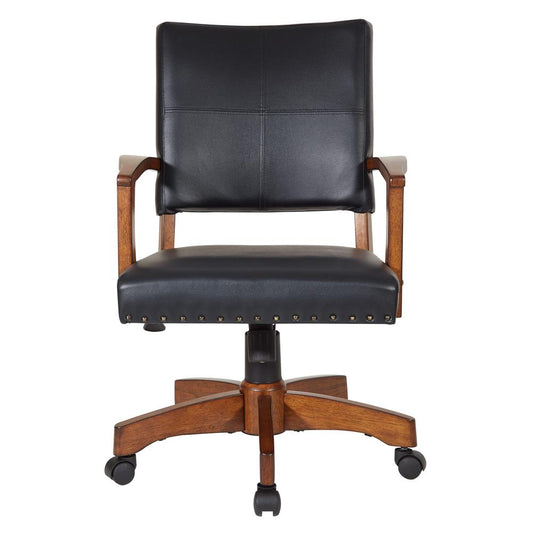 Deluxe Wood Bankers Chair in Black Faux Leather with Antique Bronze Nailheads and Medium Brown Wood, 109MB-BK