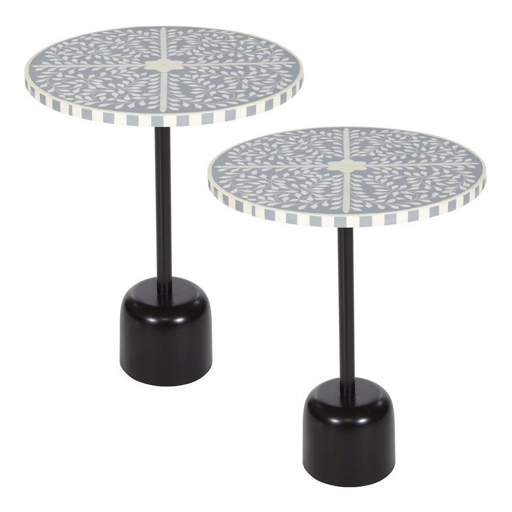 Round Side Table with Mosaic Light Grey and White Top with Black Metal