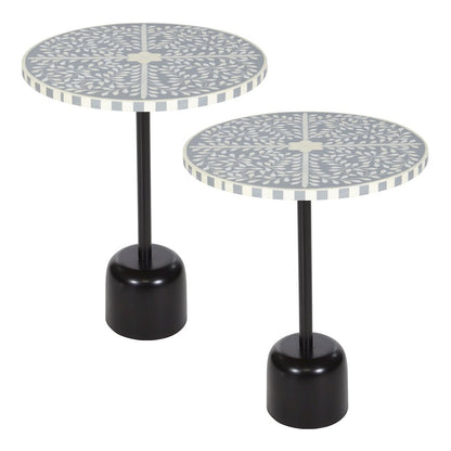 Round Side Table with Mosaic Light Grey and White Top with Black Metal