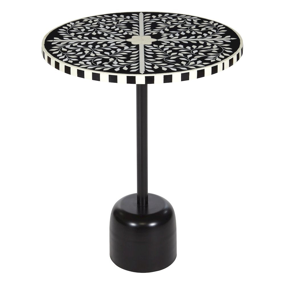 Round Side Table with Mosaic Black and White Top with Black Metal Base