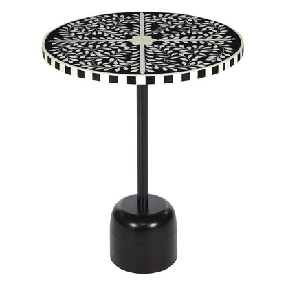 Round Side Table with Mosaic Black and White Top with Black Metal Base