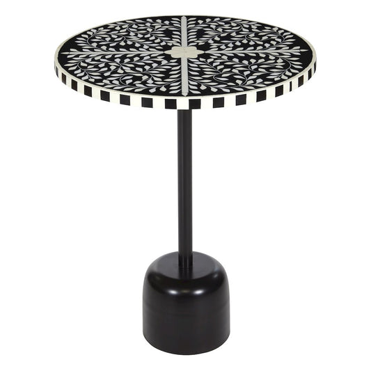 Round Side Table with Mosaic Black and White Top with Black Metal Base