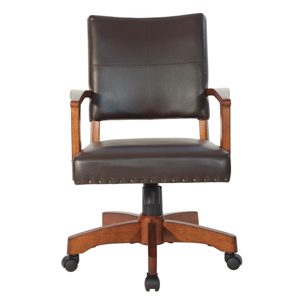 Deluxe Wood Bankers Chair in Espresso Faux Leather with Antique Bronze Nailheads and Medium Brown Wood, 109MB-ES