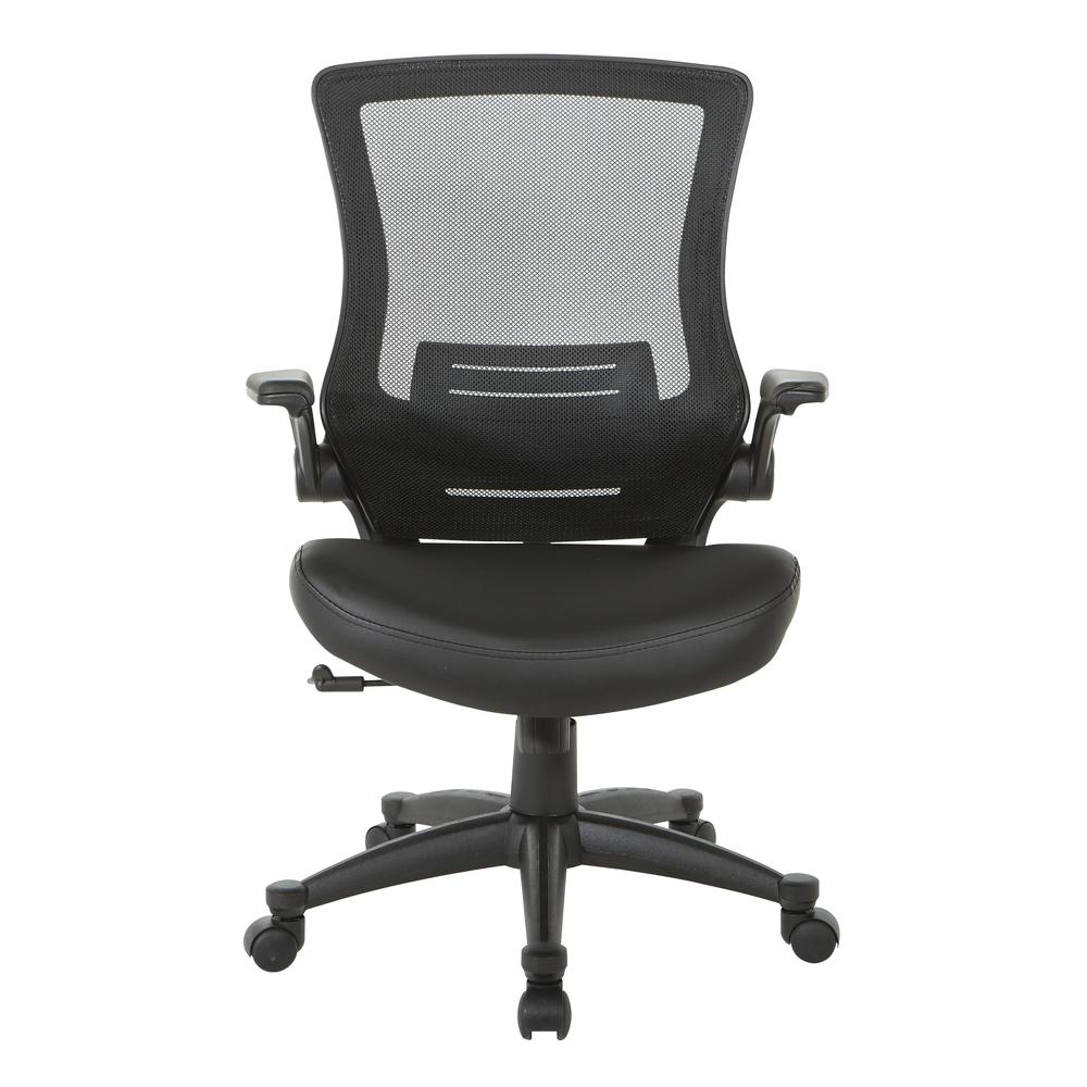 Screen Back Manager's Chair in Black Faux Leather Seat with PU Padded Flip Arms with Silver Accents, EM60926P-U6