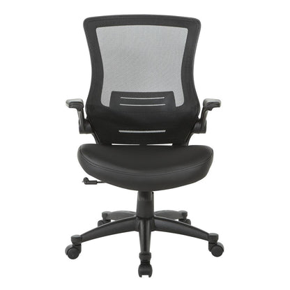 Screen Back Manager's Chair in Black Faux Leather Seat with PU Padded Flip Arms with Silver Accents, EM60926P-U6