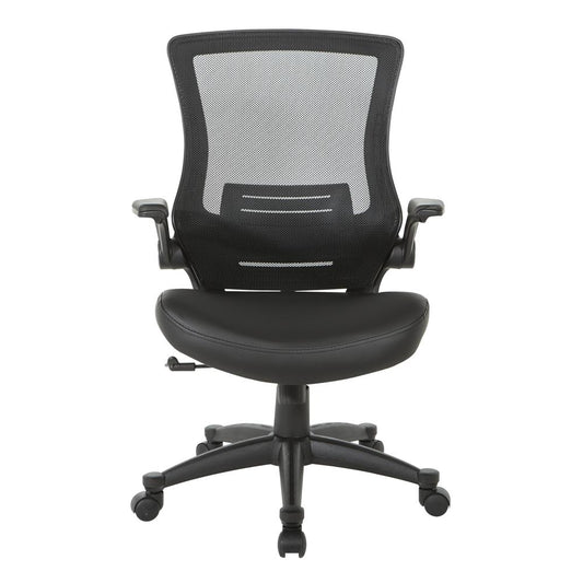Screen Back Manager's Chair in Black Faux Leather Seat with PU Padded Flip Arms with Silver Accents, EM60926P-U6