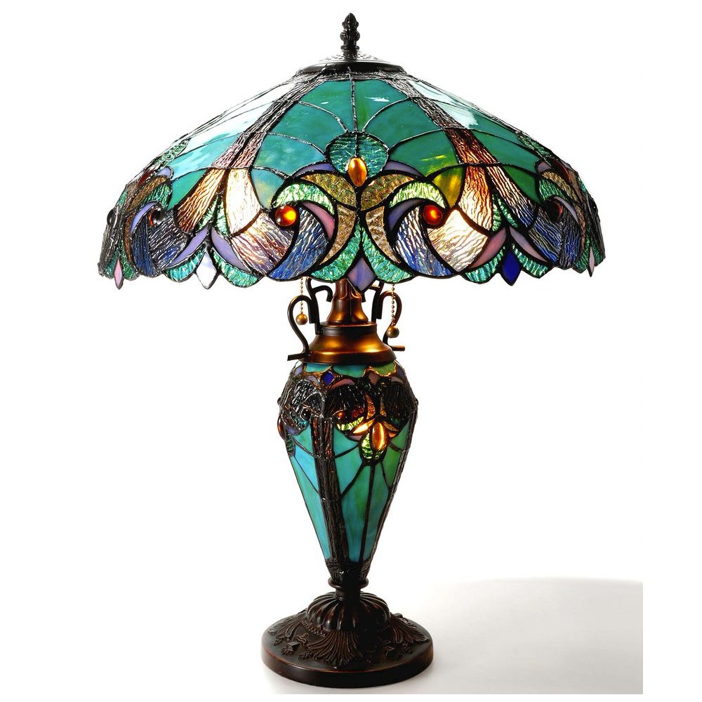 LIAISON Tiffany-style 3 Light Victorian Double Lit Table Lamp 18" Shade