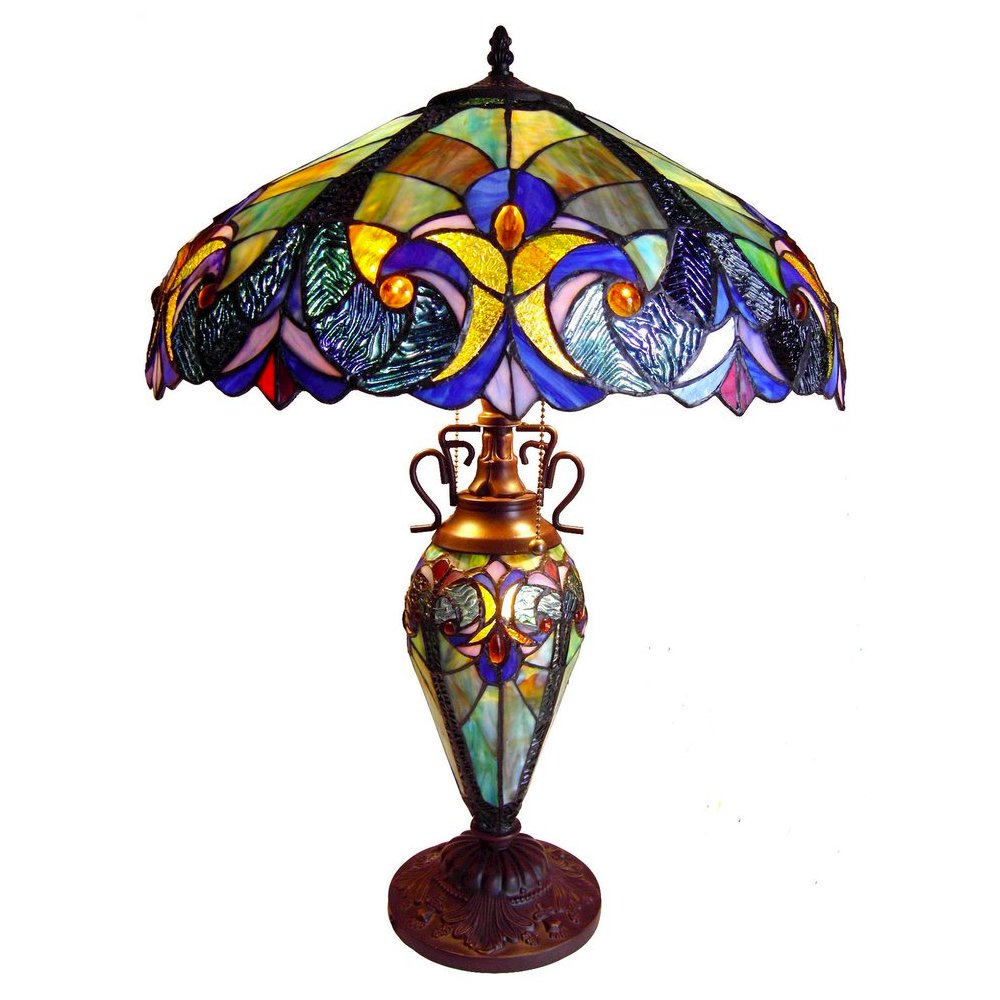 LIAISON Tiffany-style 3 Light Victorian Double Lit Table Lamp 18" Shade