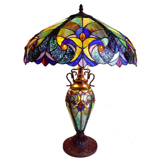 LIAISON Tiffany-style 3 Light Victorian Double Lit Table Lamp 18" Shade