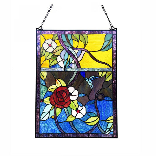 Rose Floral-Style Black Finish Stained Glass Window Panel 24" Tall