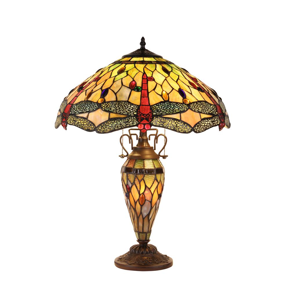 ANISOPTERA PURITY Tiffany-style Dragonfly 3 Light Double Lit Table Lamp 19" Shade
