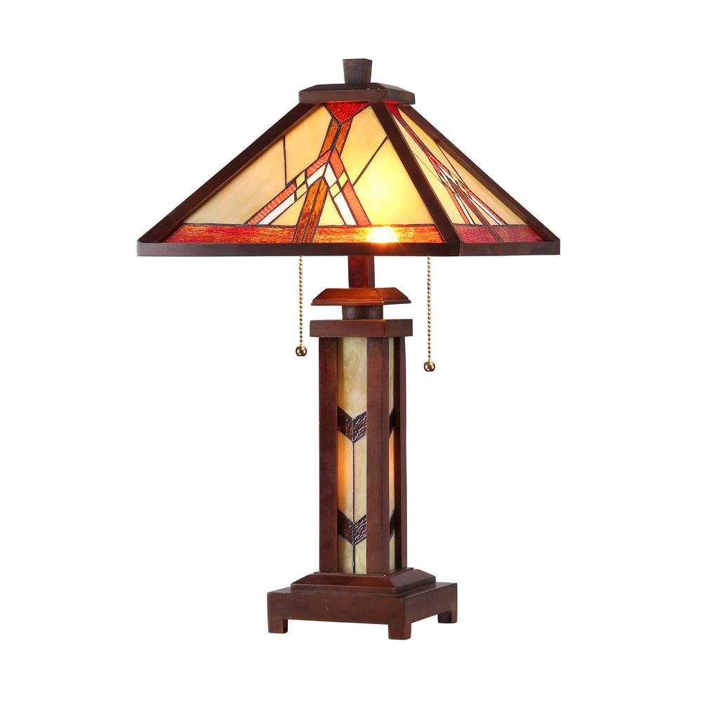 ANTON Tiffany-style 3 Light Mission Double Lit Wooden Table Lamp 15" Shade