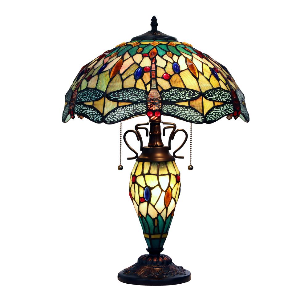 CHLOE Lighting EMPRESS Tiffany - style Dark Bronze 3 Light Double Lit Table Lamp 16" Shade