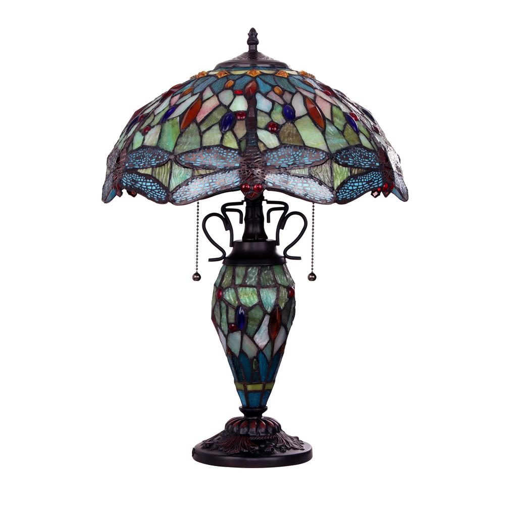 CHLOE Lighting EMPRESS Tiffany - style Dark Bronze 3 Light Double Lit Table Lamp 16" Shade