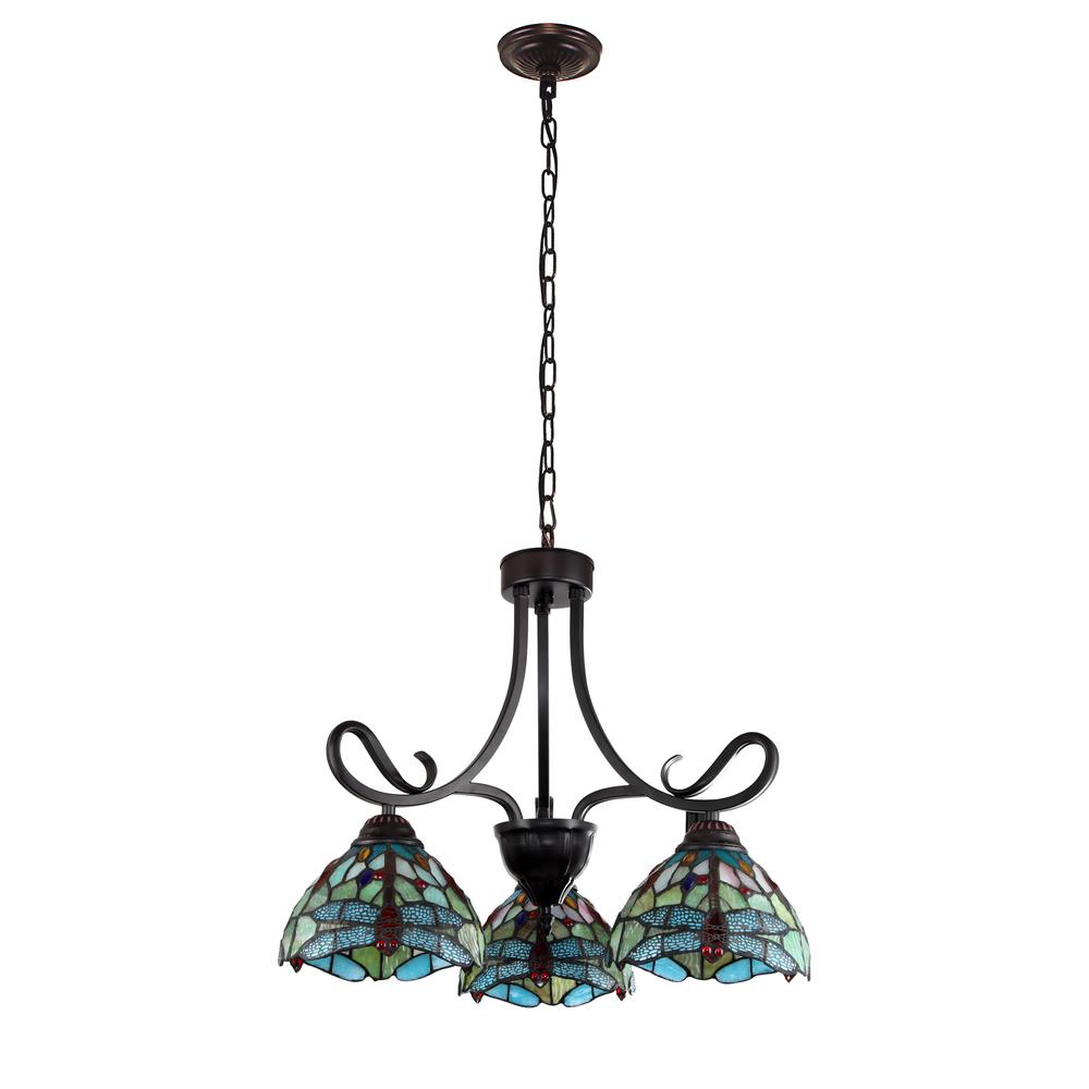 CHLOE Lighting EMPRESS Dragonfly Tiffany-style Dark Bronze 3 Light Mini Chandelier 24 " Wide