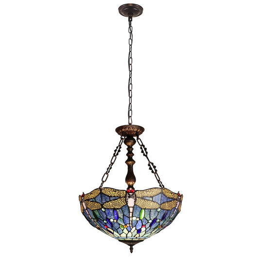 Sunniva Dragonfly Tiffany-Style 3-Light Inverted Ceiling Pendant 18" Shade