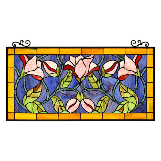 CHLOE Lighting ORIENTAL Tiffany-Style Floral Stained Glass Window Panel 34" Wide