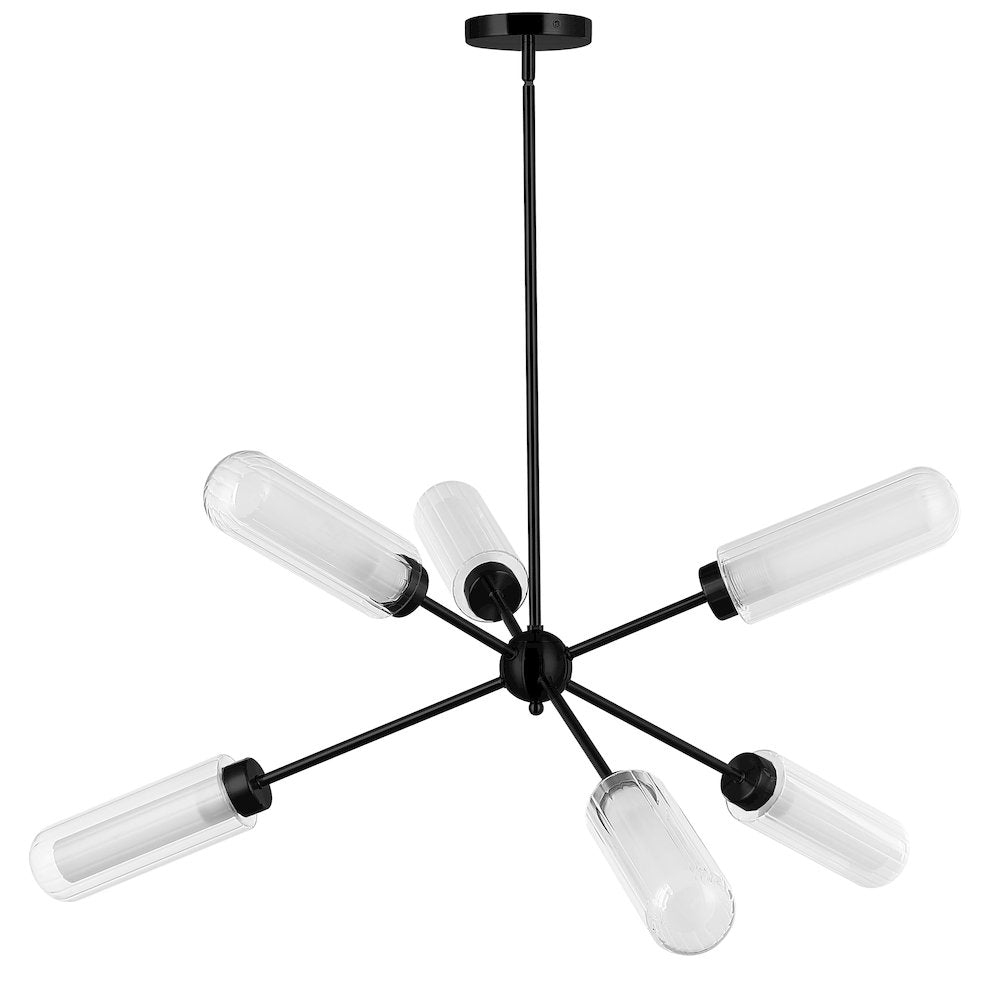 6 Light Matte Black Chandelier w/ Clear Fluted & Frosted Glass