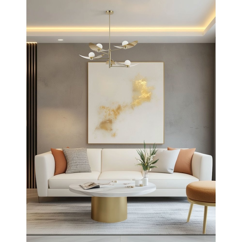 5 Light Aged Brass Chandelier w/ Opal Glass