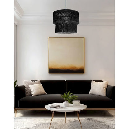 4 Light Matte Black Chandelier w/ Black Fringe