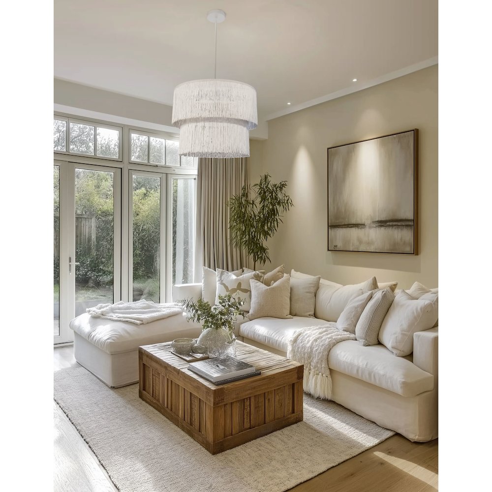 4 Light Matte White Chandelier w/ White Fringe