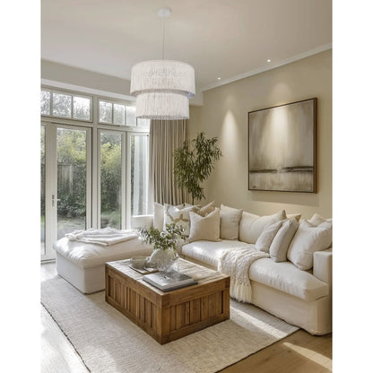 4 Light Matte White Chandelier w/ White Fringe