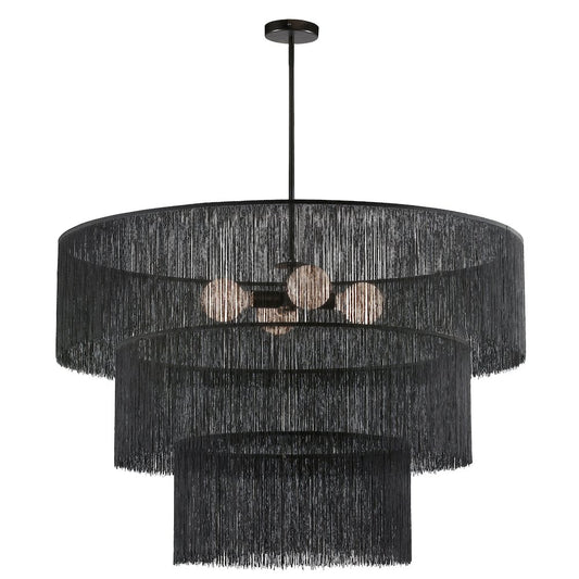 4 Light Chandelier in Matte Black w/ Black Tassel Shades