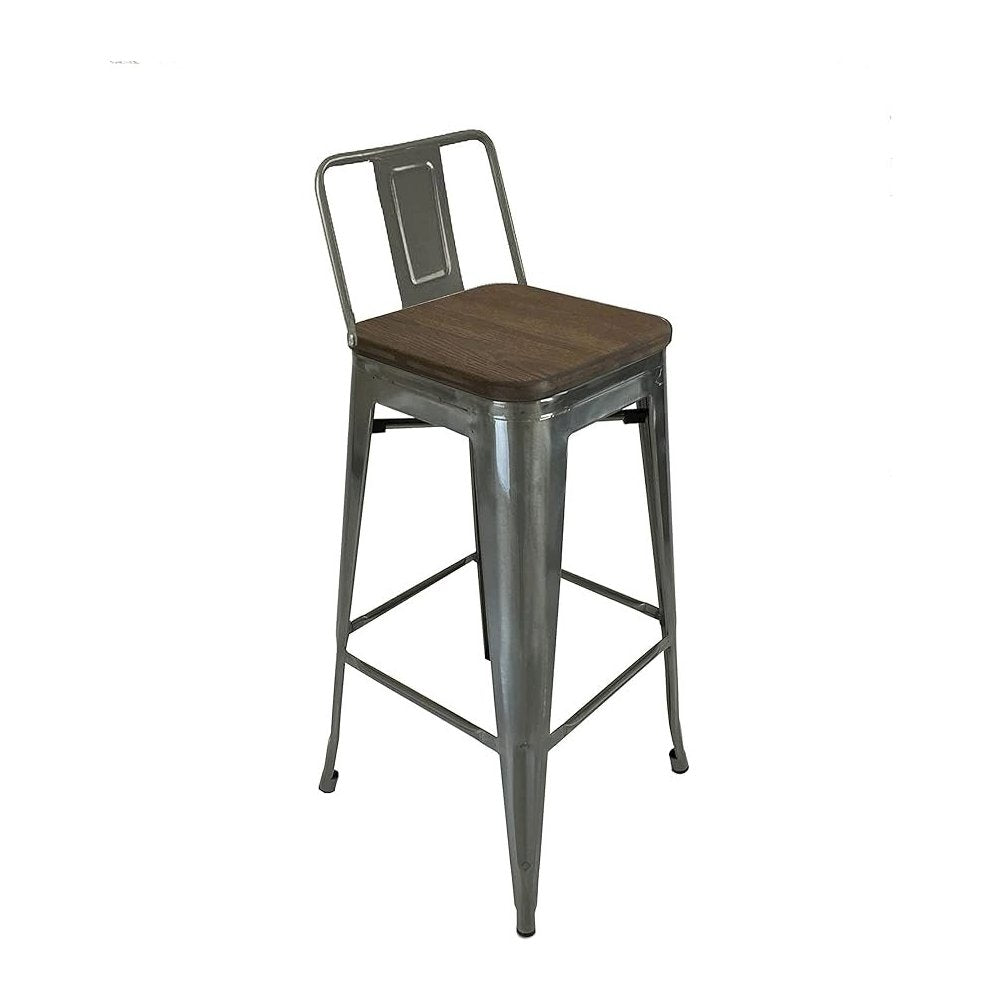 Metal Barstool W/ Backrest+Wood Seat, Natural, Set Of 4
