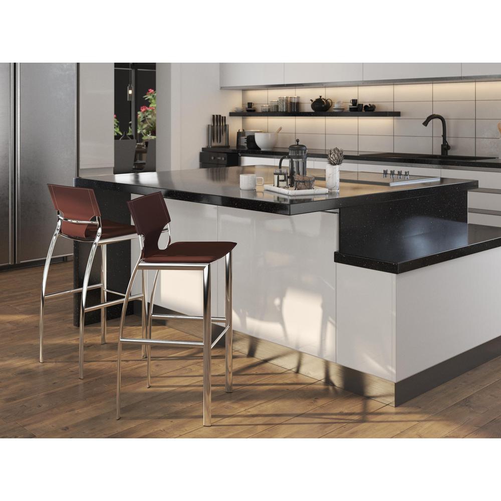 Metal Bar Stool W/ Brown Cushion, 29'' Seat High, Set Of 2