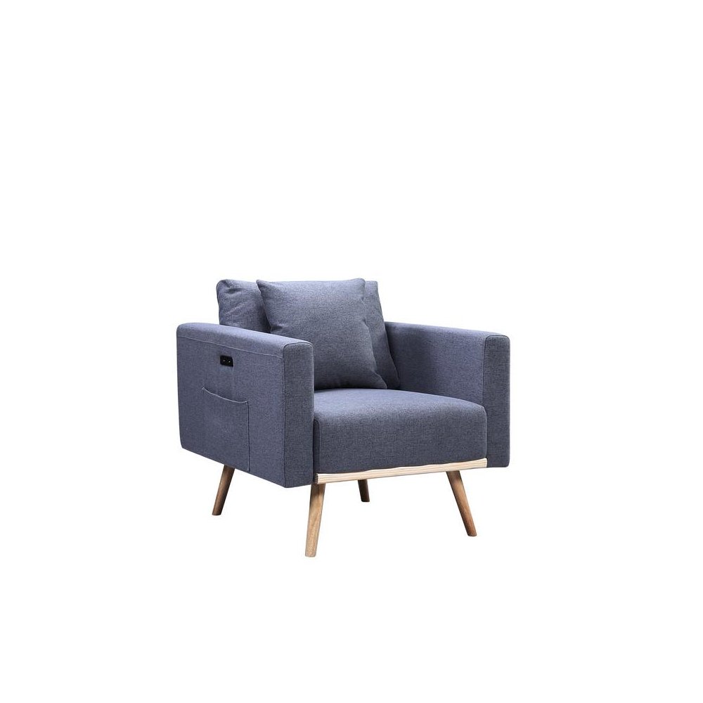 Easton Dark Gray Linen Fabric Chair with USB Charging Ports Pockets & Pillows