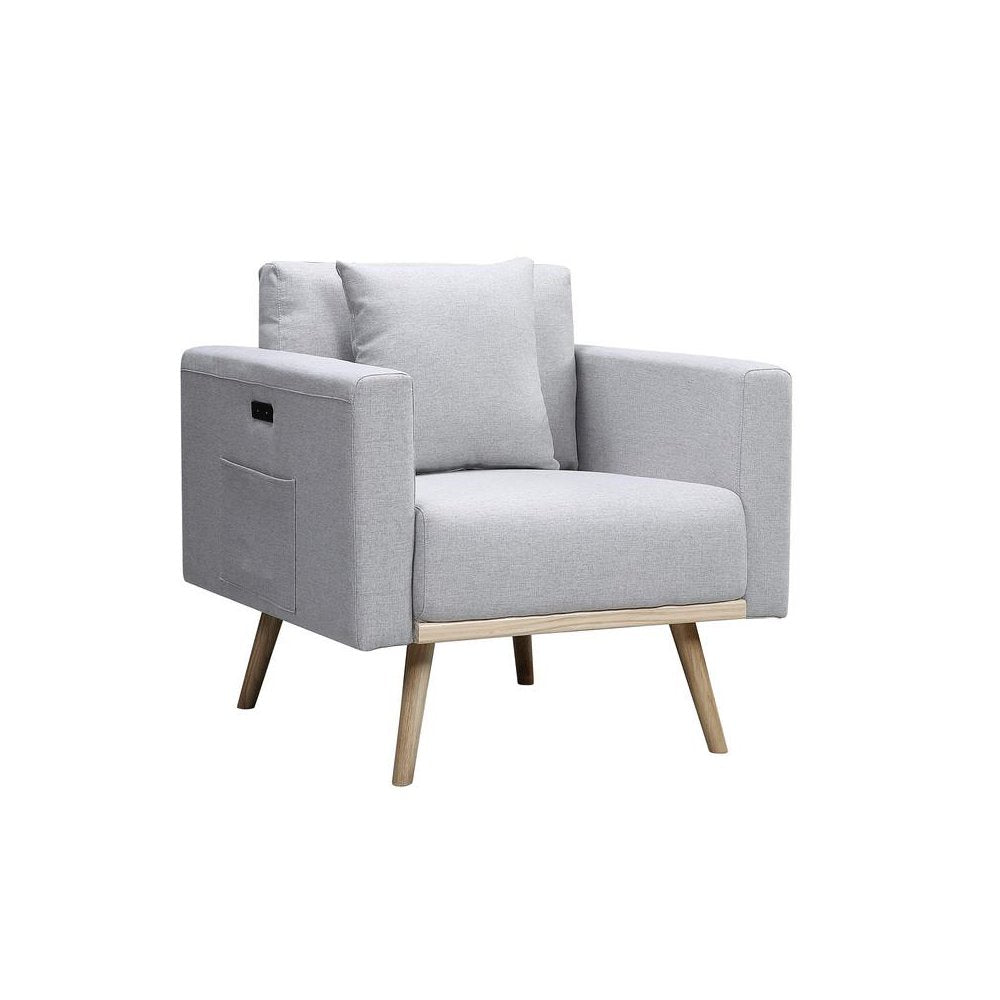 Easton Light Gray Linen Fabric Chair with USB Charging Ports Pockets & Pillows