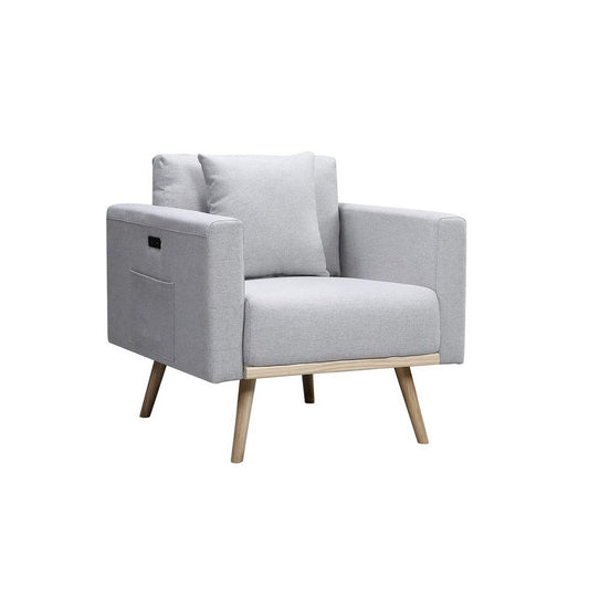 Easton Light Gray Linen Fabric Chair with USB Charging Ports Pockets & Pillows