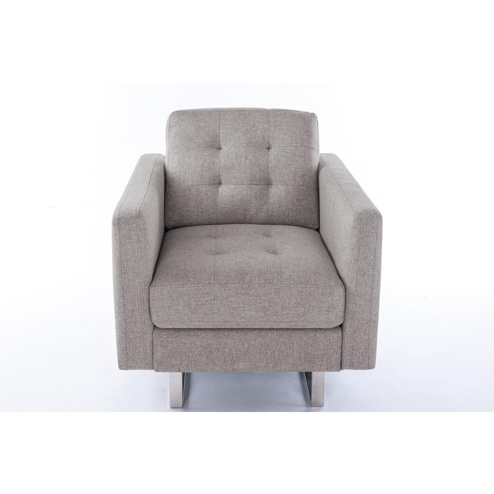 Victoria Beige Linen Fabric Armchair with Metal Legs, Side Pockets, and Pillow