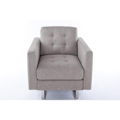 Victoria Beige Linen Fabric Armchair with Metal Legs, Side Pockets, and Pillow