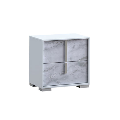 22" Wide 2-Drawer Nightstand, White Lacquered Gloss, White Faux Marble