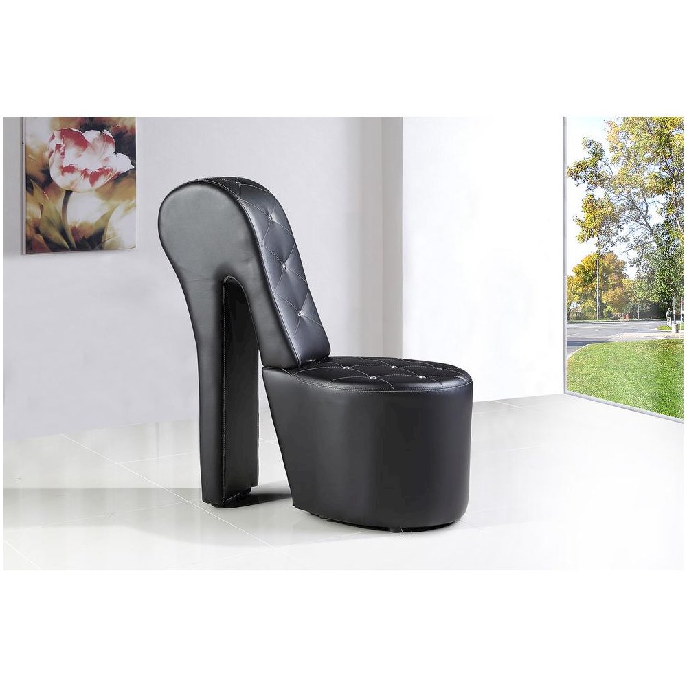 Best Master High Heel Faux Leather Crystal Studs Shoe Chair in Black