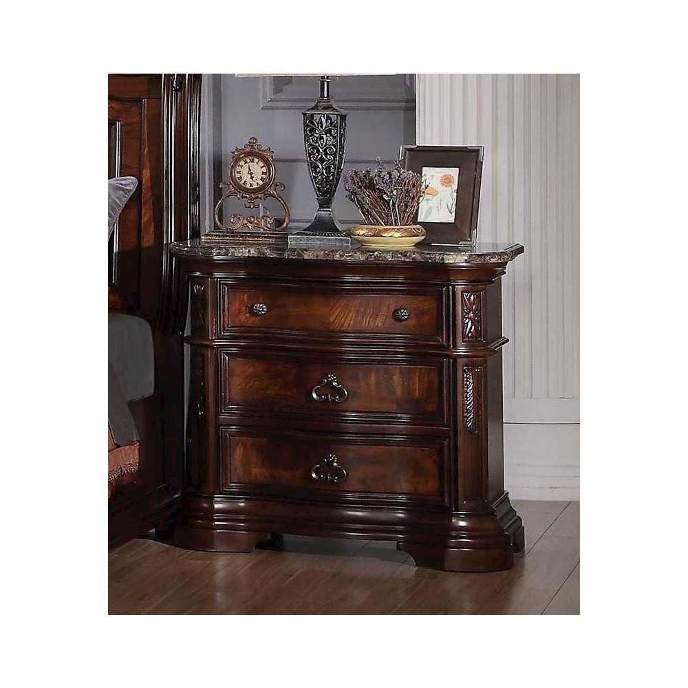 Best Master Barney's Traditional Wood Bedrooom Nightstand in Walnut w/Marble Top
