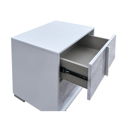 22" Wide 2-Drawer Nightstand, White Lacquered Gloss, White Faux Marble