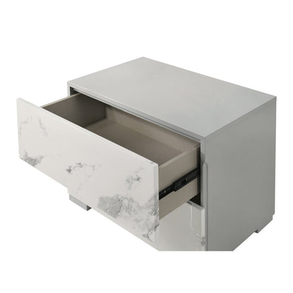 24" Wide 2-Drawer Nightstand, Faux Marble Front, Lacquered Gloss Frame